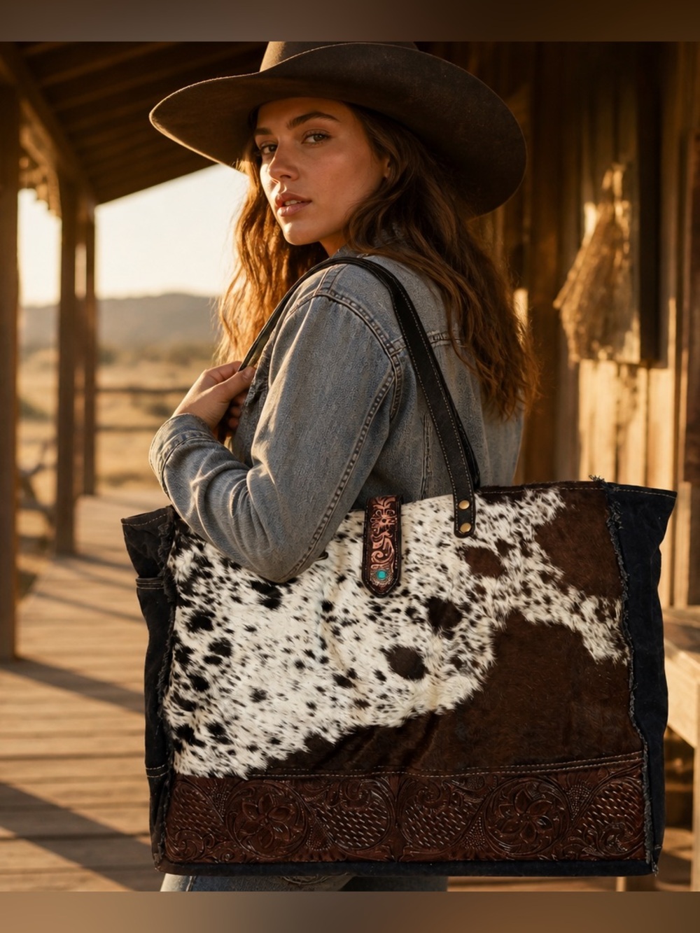 Myra Cowhide Weekender Bag XL Western Leather Travel Duffel Boho Tote Carry On